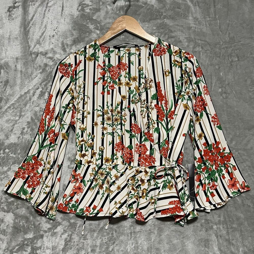 NWT Zara Striped Floral‎ Wrap Top Womens Size XS White Bell Sleeve Whimsigoth